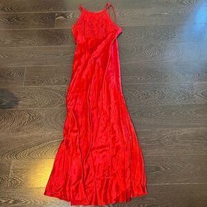 Red Silky Satin Long Evening Dress Black Tie Gown With Embroidery